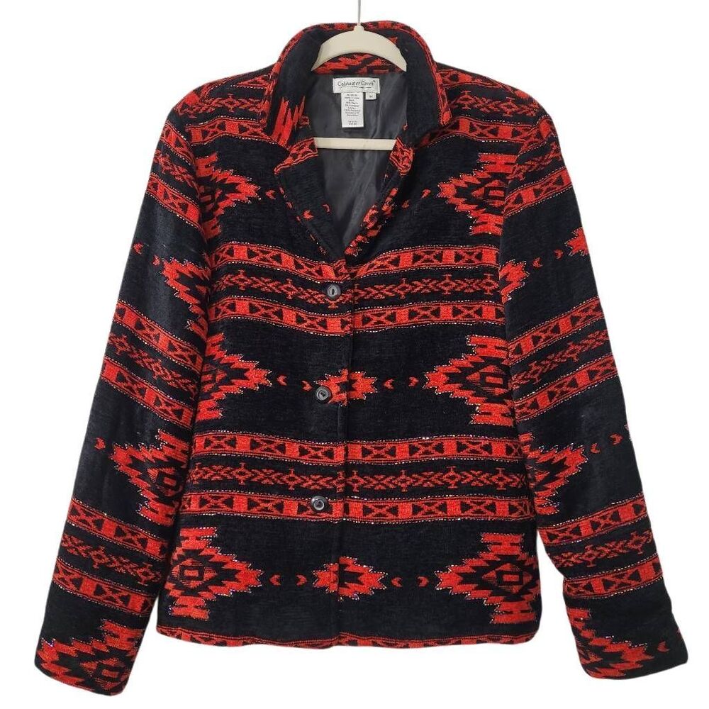 Coldwater Creek Aztec Beaded‎ Chenille Jacket Sz M Red Button Front Southwestern